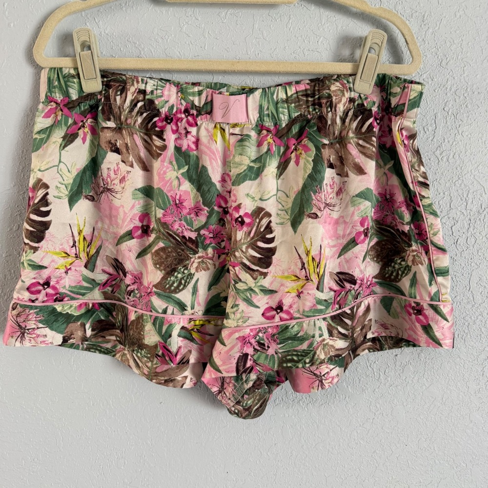 Victoria's Secret Tropical Floral Satin Pajama Shorts Pink Green XL Sleepwear